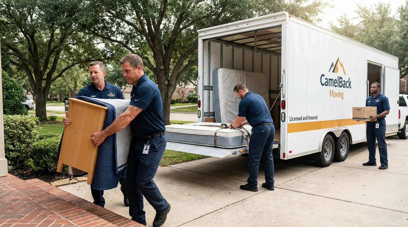 Crew loading residential truck for cross-state move from Los Alamos, NM