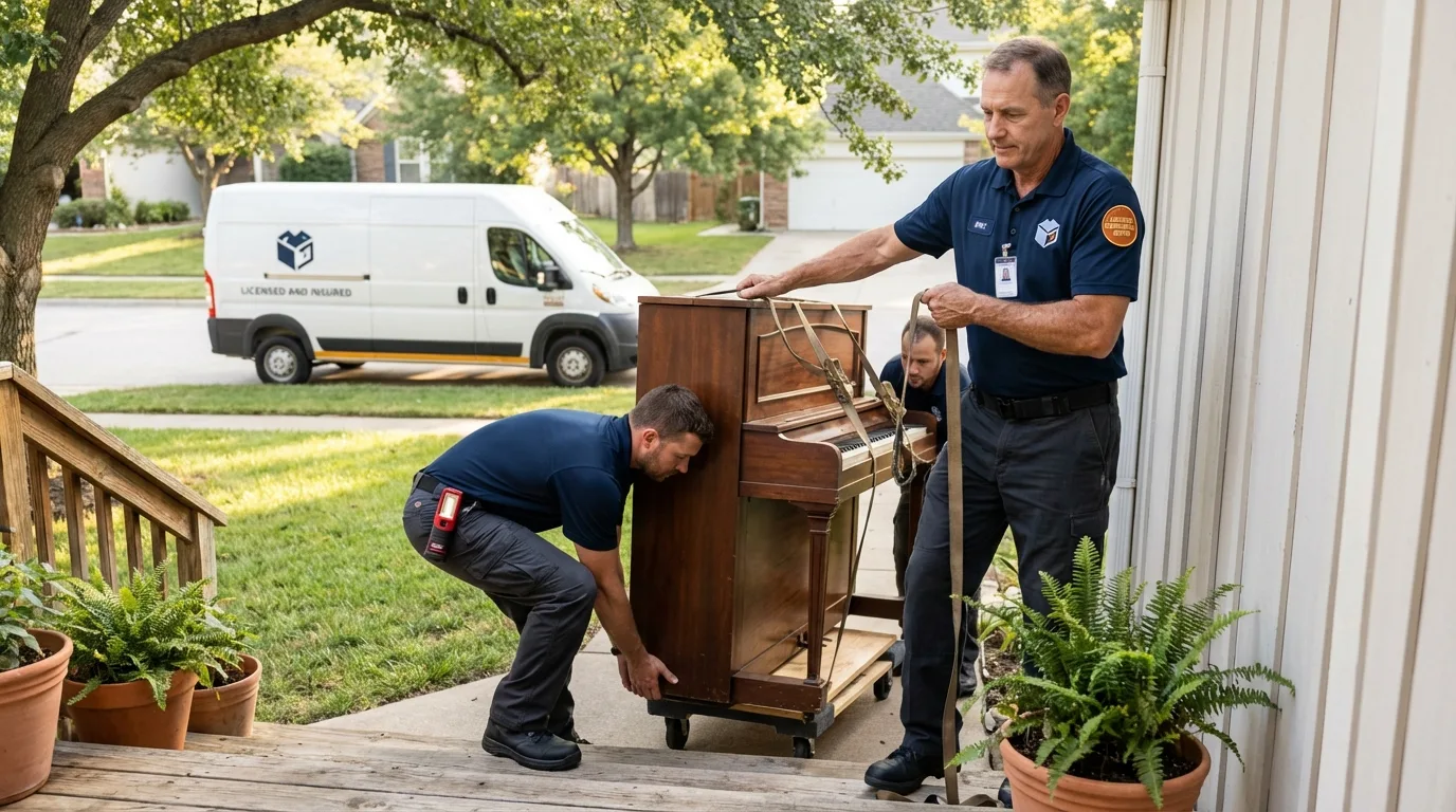 Licensed piano movers securing grand piano in Los Alamos, NM
