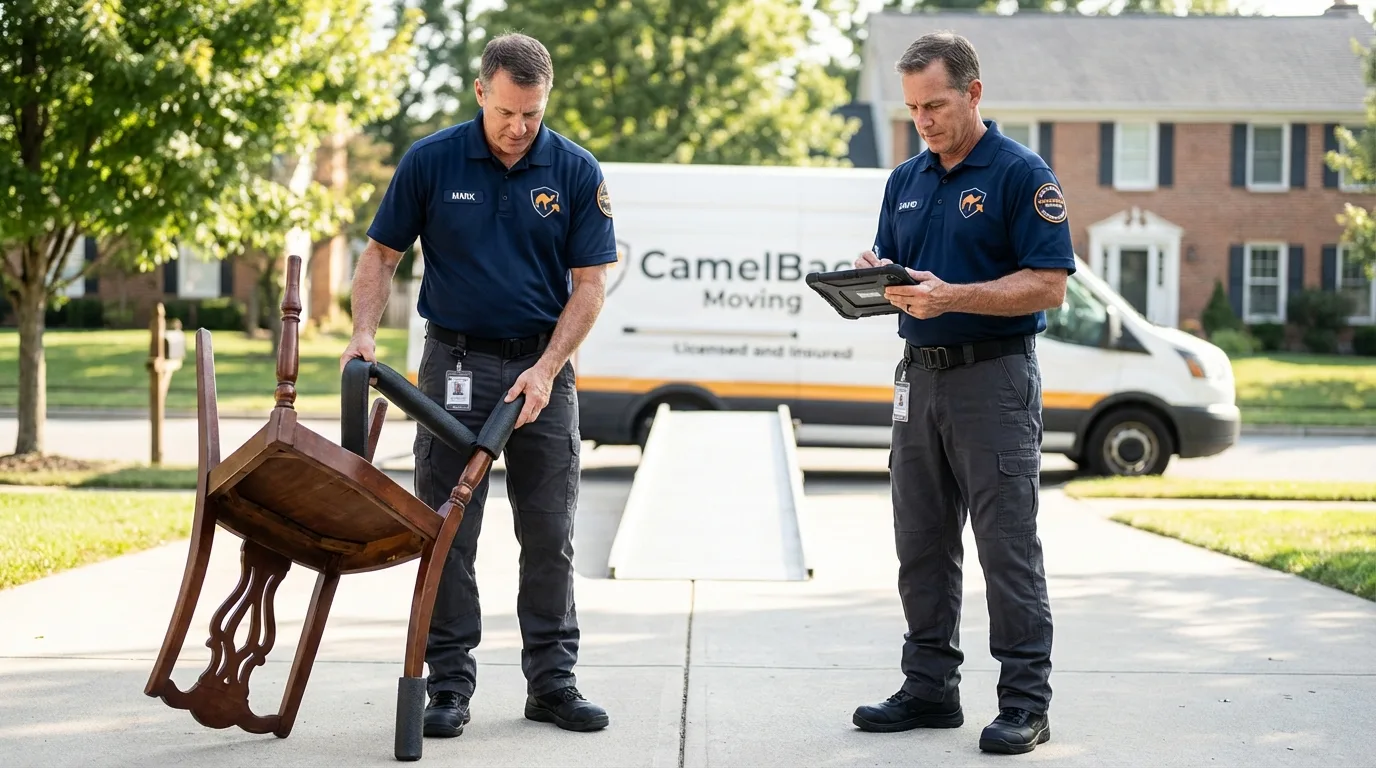 Movers inspecting furniture for damage prevention before loading in Los Alamos, NM